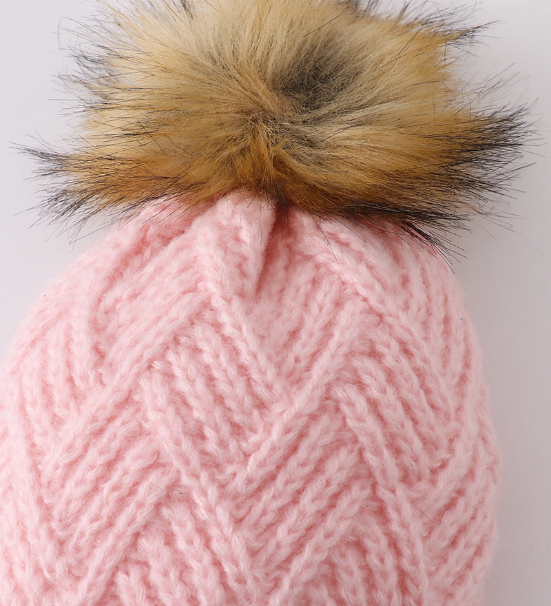 Pink cross cable knit pom pom beanie hat baby toddler adult