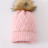 Pink cross cable knit pom pom beanie hat baby toddler adult
