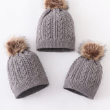 Grey cable knit pom pom beanie hat baby toddler adult