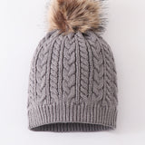 Grey cable knit pom pom beanie hat baby toddler adult
