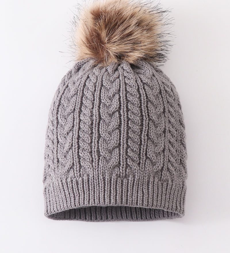 Grey cable knit pom pom beanie hat baby toddler adult