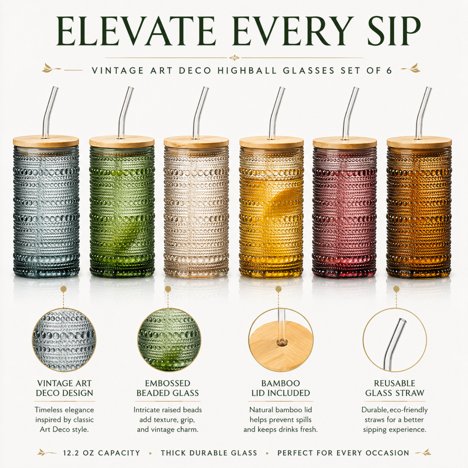 Hobnail Highball Glasses with Lids & Straws (Set of 6)