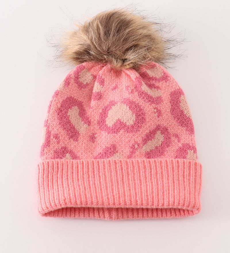 Pink pompom leopard cable beanie hat