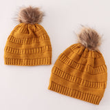 Mustard pompom cable beanie hat