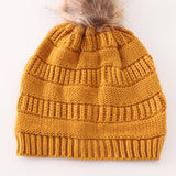 Mustard pompom cable beanie hat