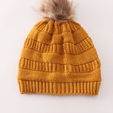 Mustard pompom cable beanie hat
