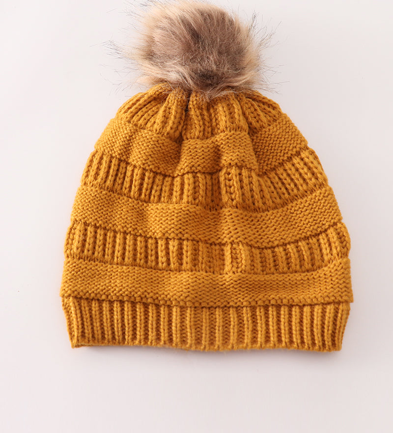 Mustard pompom cable beanie hat
