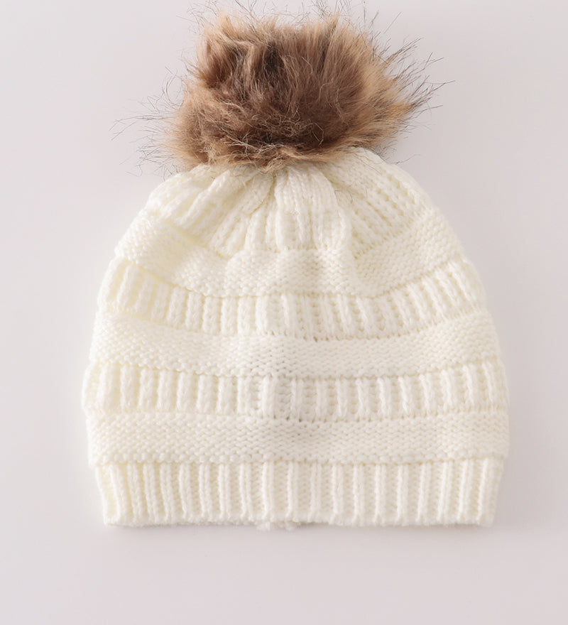 Ivory pompom cable beanie hat