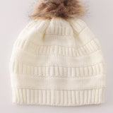 Ivory pompom cable beanie hat