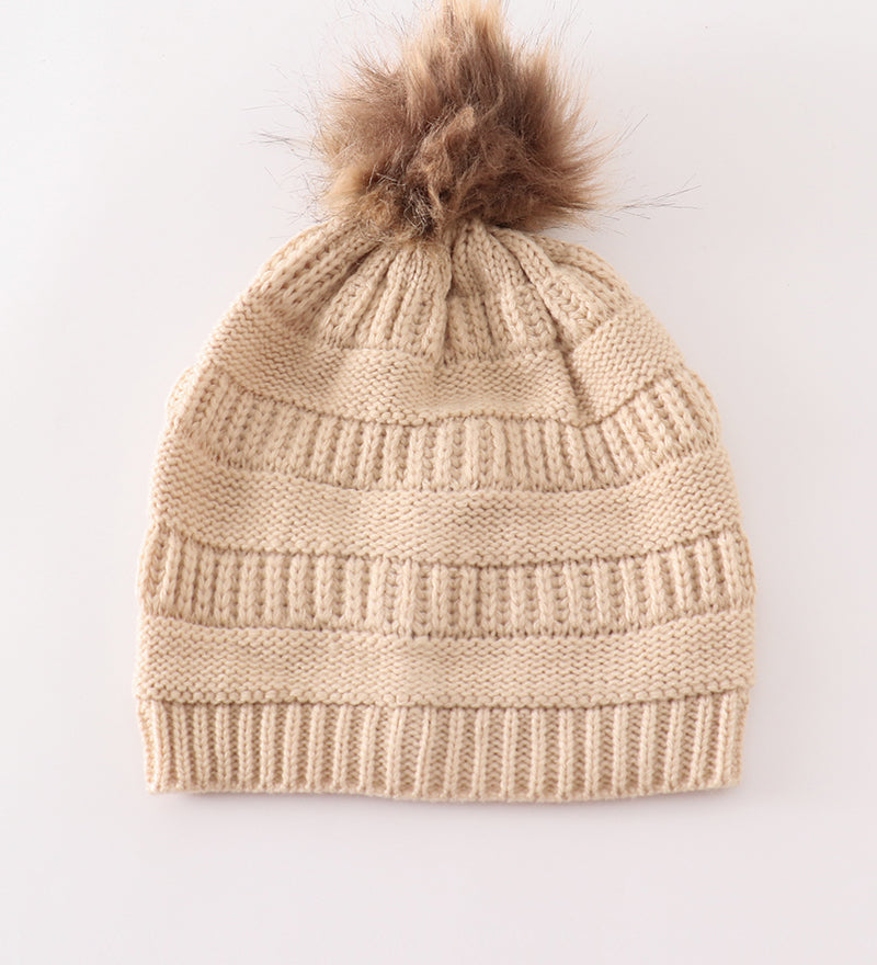 Beige pompom cable beanie hat