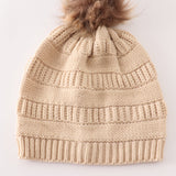 Beige pompom cable beanie hat