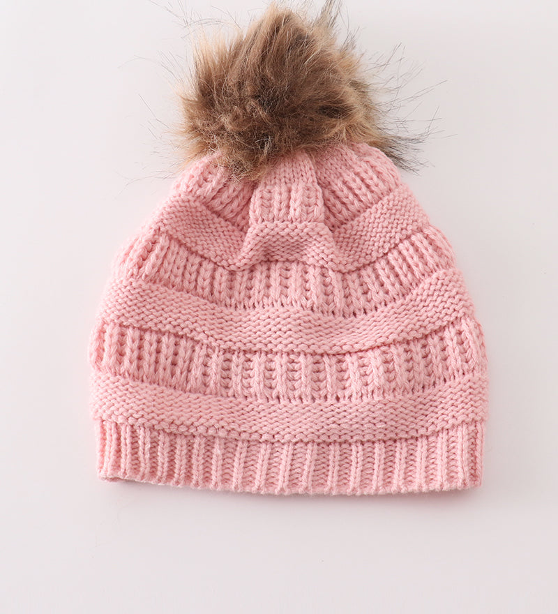 Pink pompom cable beanie hat