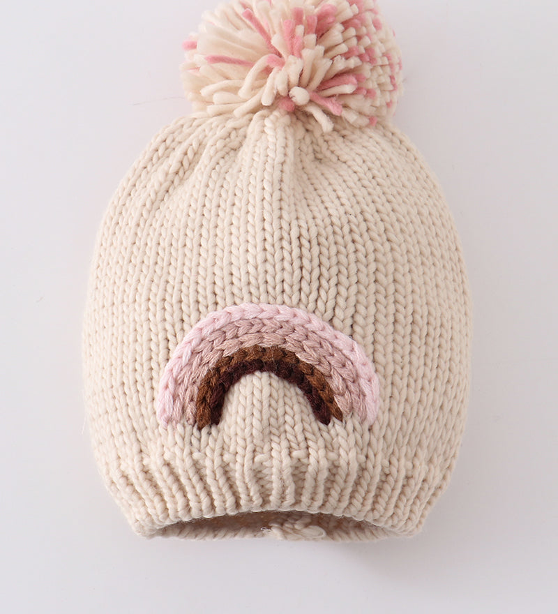Rainbow hand embroidered pom pom beanie hat