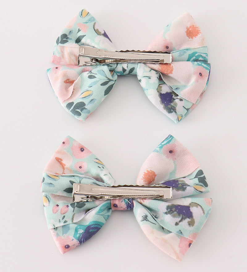 Green garden serenity print girl piggie hair bow
