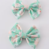 Green floral print girl piggie hair bow