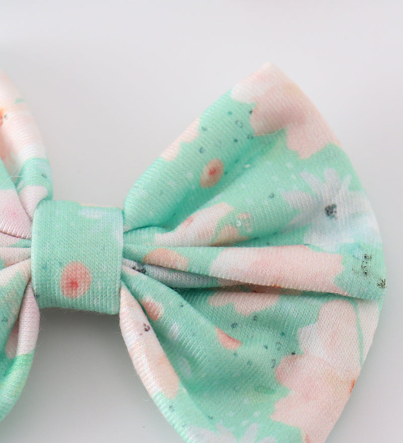 Green floral print girl piggie hair bow