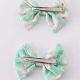 Green floral print girl piggie hair bow