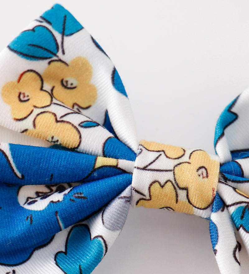 Blue floral print piggie hair bow