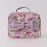 Purple floral print canvas bow lunch bag