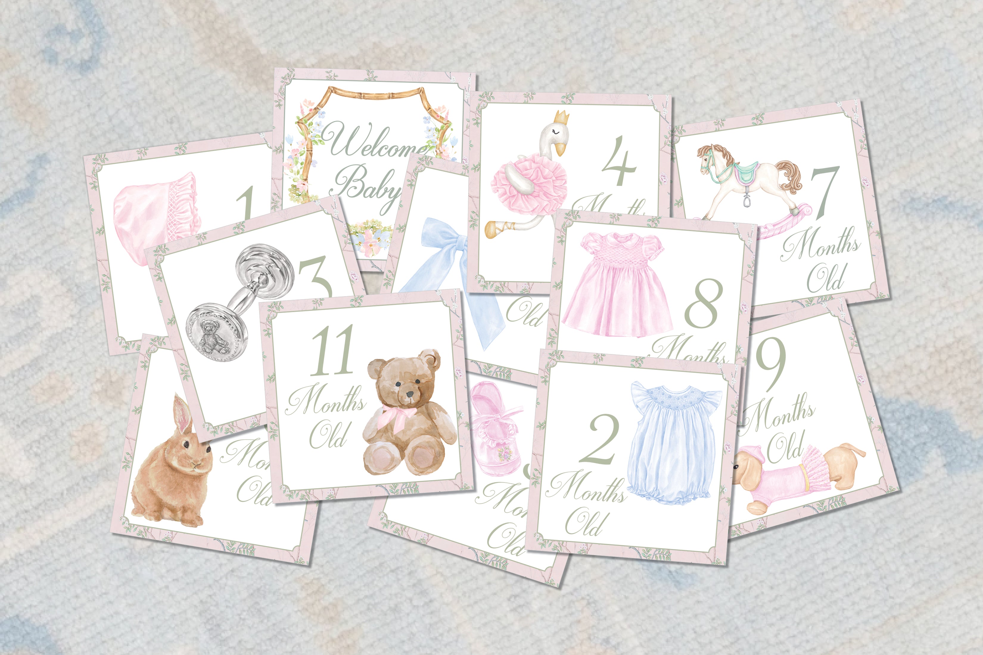 Elegant Watercolor Baby Girl Milestone Cards