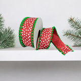 1.5" Linen Dots Pom Pom Ribbon: Red/Green (10 Yards)
