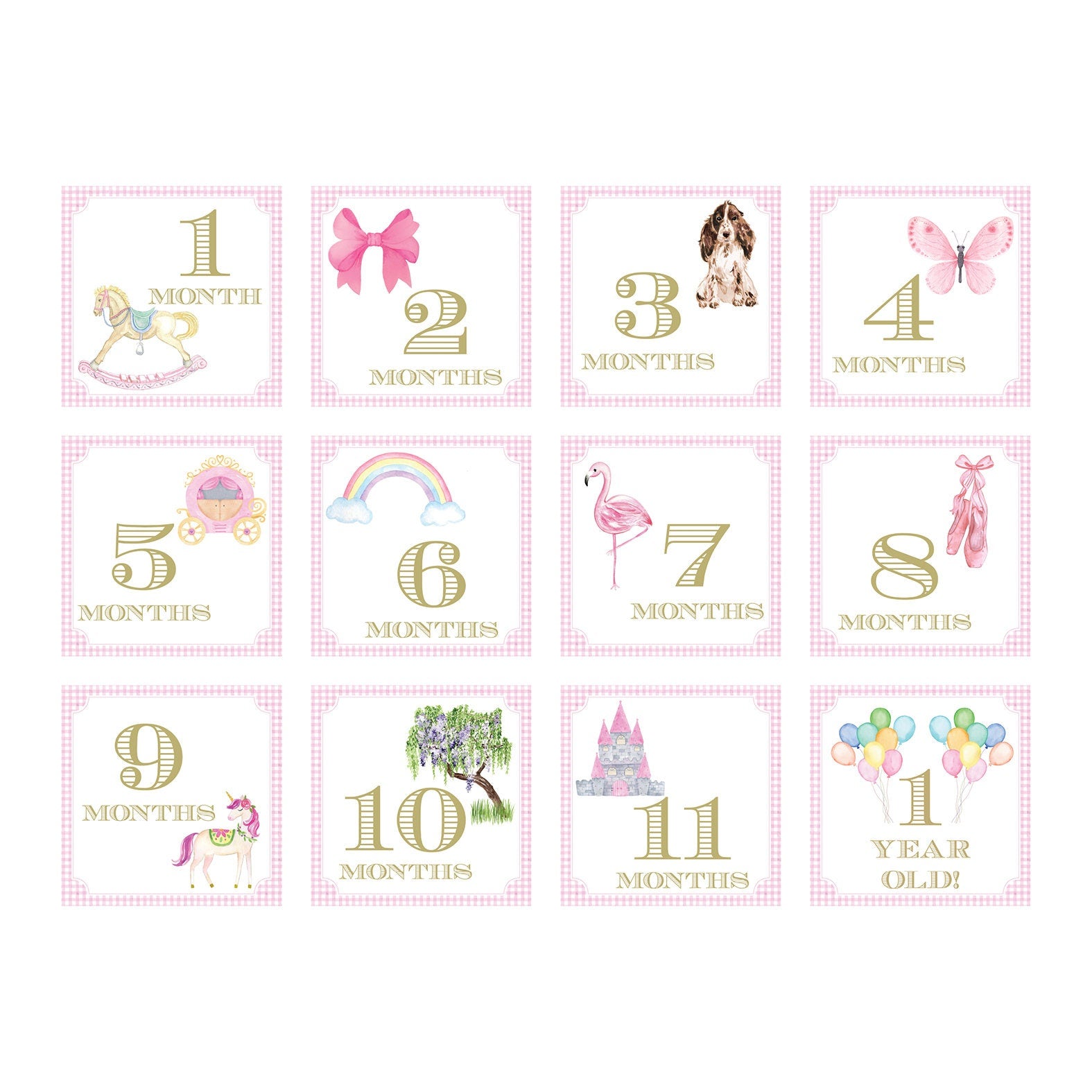 Pink Gingham Baby Girl Milestone Cards