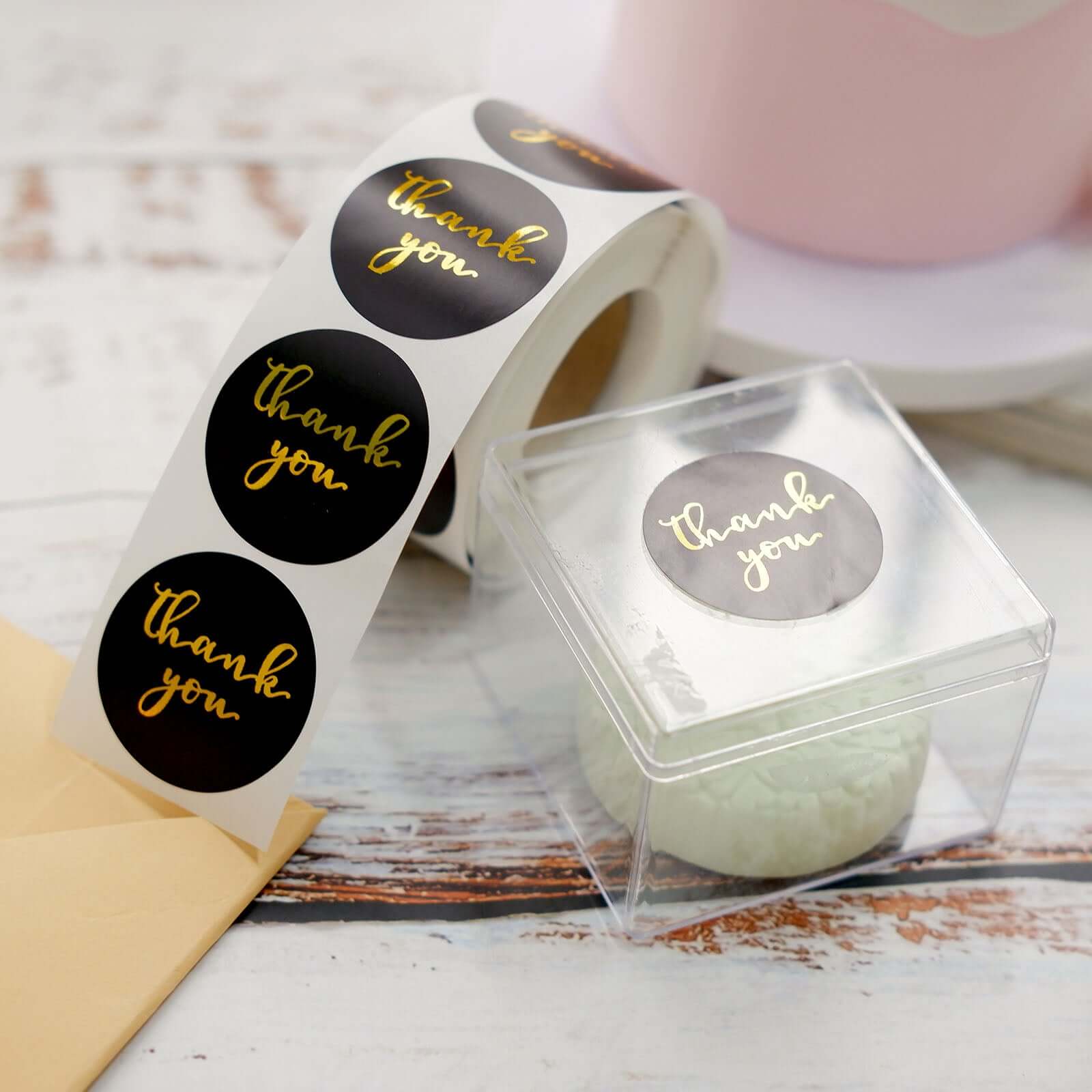 Gold Foil Thank You Stickers on Black (Roll of 500)